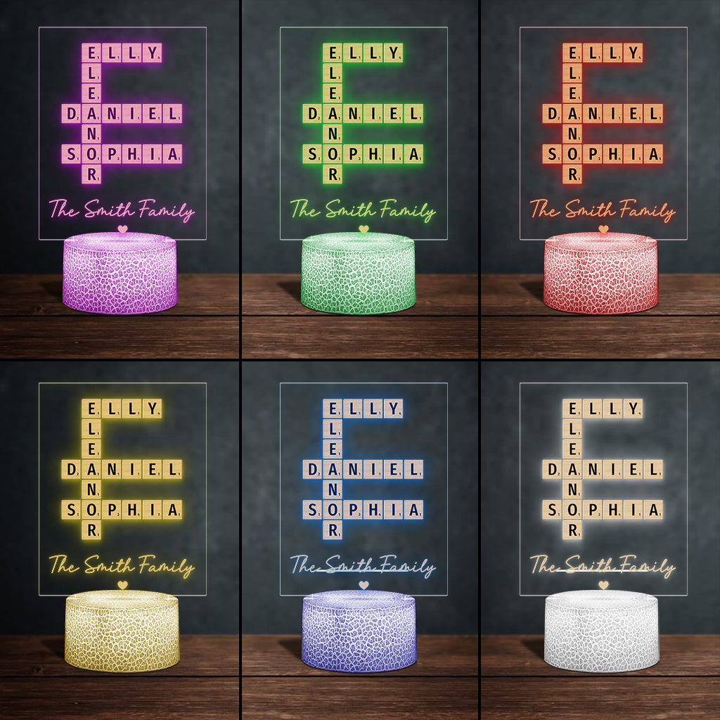Plaque lumineuse personnalisée en forme de famille avec mots croisés - Socle lumineux