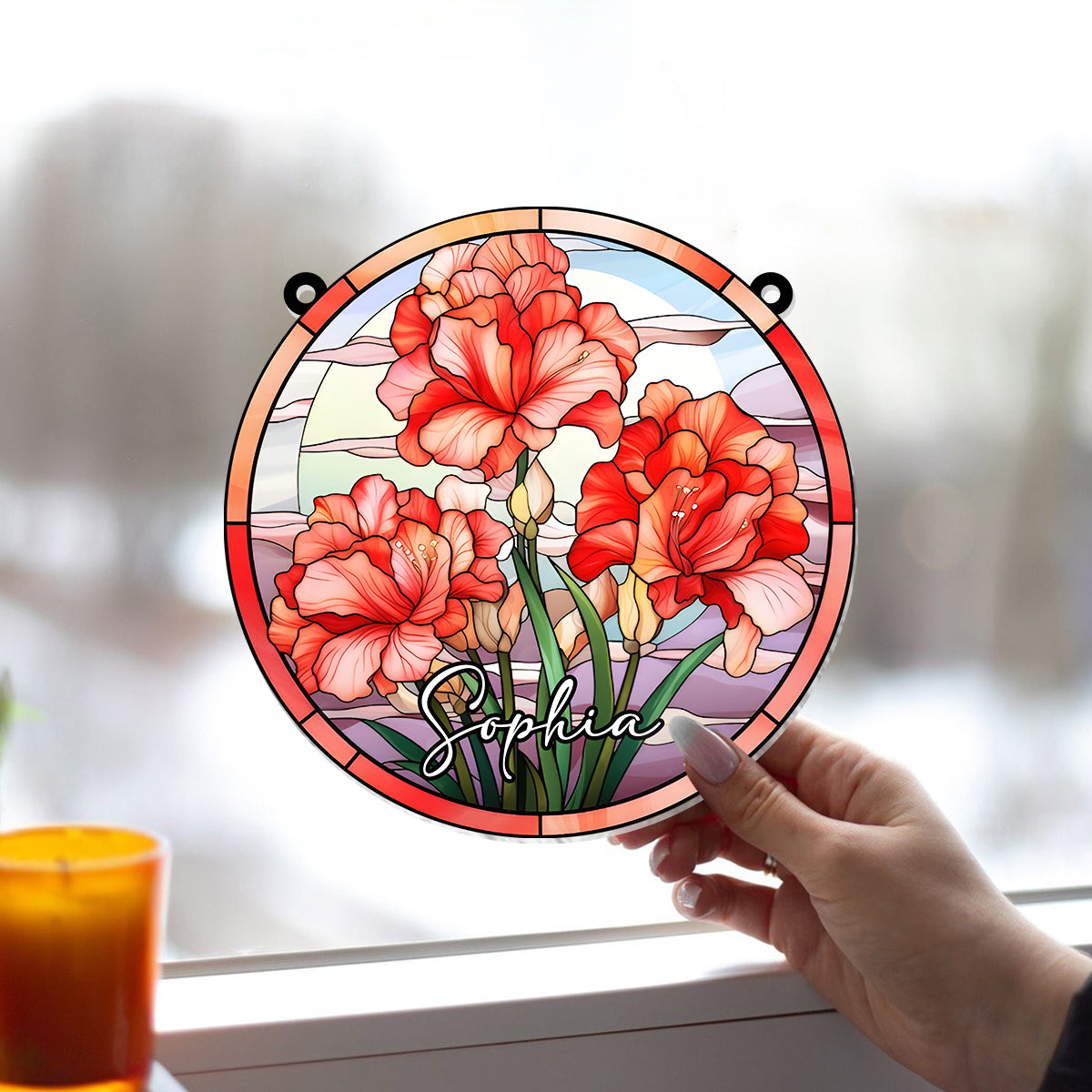 Fleurs de naissance en vitrail - Ornement attrape-soleil personnalisé à suspendre à la fenêtre, motif anniversaire. 