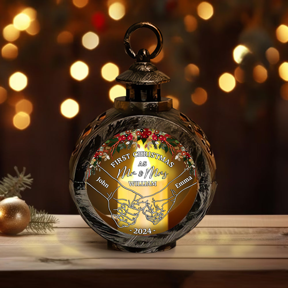 Holding Hands First Christmas - Personalized Couple Round Lantern With Light