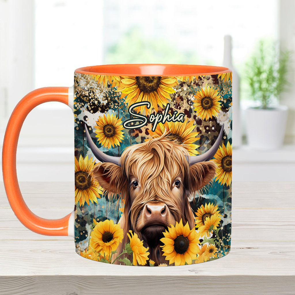 Mug personnalisé « Vache des Highlands parmi les tournesols »