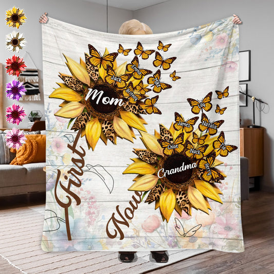 First Mom Now Grandma Sunflower - Personalized Grandma Blanket