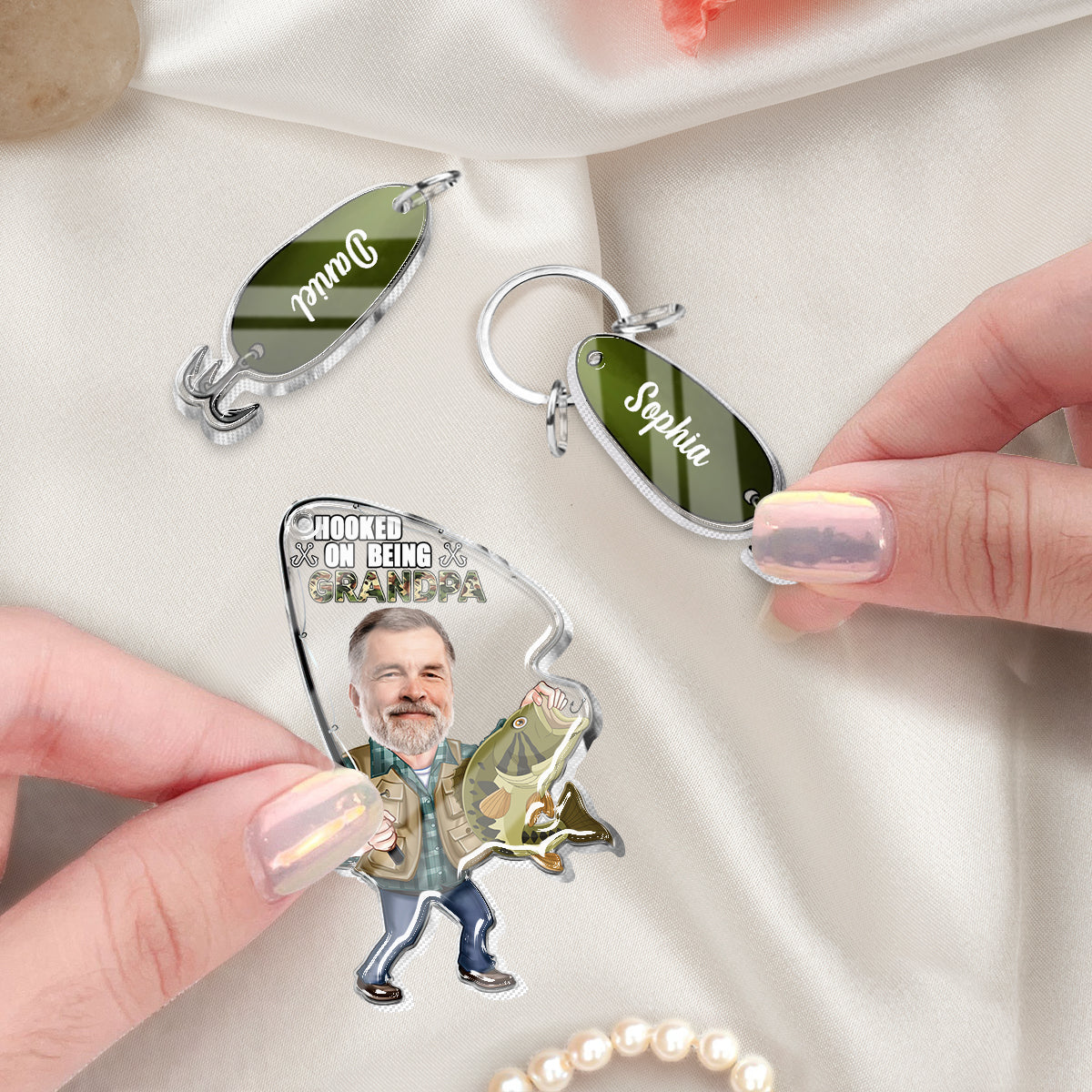 Hooked On Being Grandpa Any Title - Personalized Father Keychain with Charms