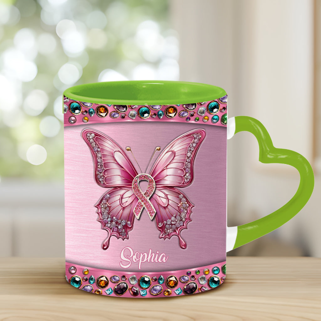 Foi, Espoir, Amour - Mug personnalisé avec anse en forme de cœur pour la sensibilisation au cancer du sein