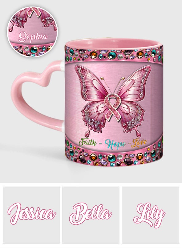 Foi, Espoir, Amour - Mug personnalisé avec anse en forme de cœur pour la sensibilisation au cancer du sein
