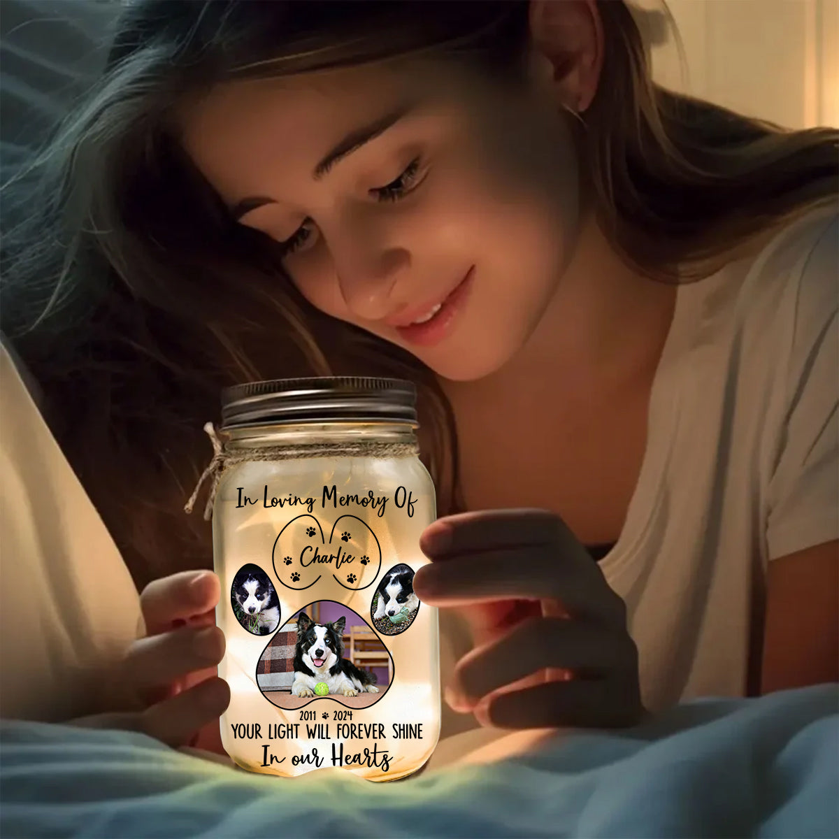 Ta lumière brillera à jamais dans nos cœurs - Lampe personnalisée pour bocal Mason en forme de chien