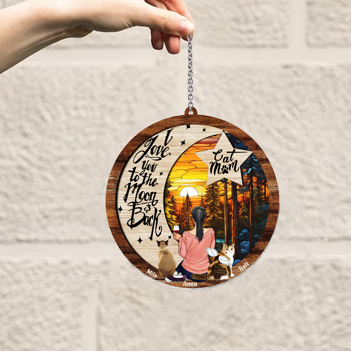 Je t'aime jusqu'à la lune et retour - Cadeau pour les amoureux des chiens et des chats, ou pour ceux qui ont perdu leur animal - Attrape-soleil personnalisé à suspendre à la fenêtre 