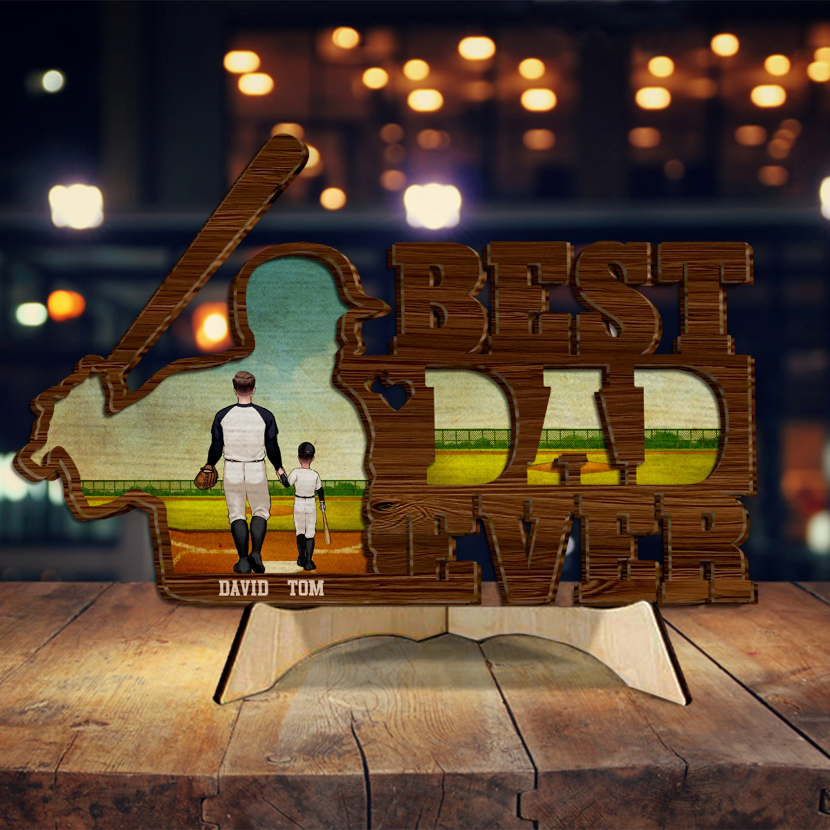 Meilleur papa du monde, papa de joueur de baseball - Plaque en bois personnalisée à 2 couches