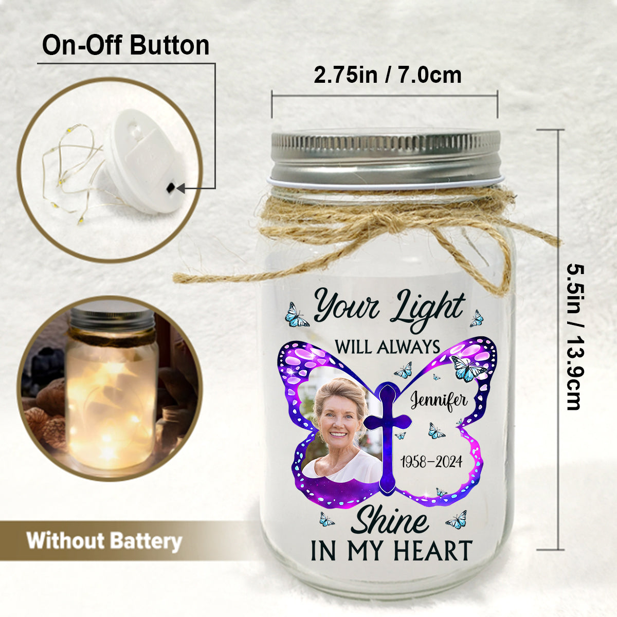 Your Light Will Always Shine In My Heart - Personalized Memorial Mason Jar Light