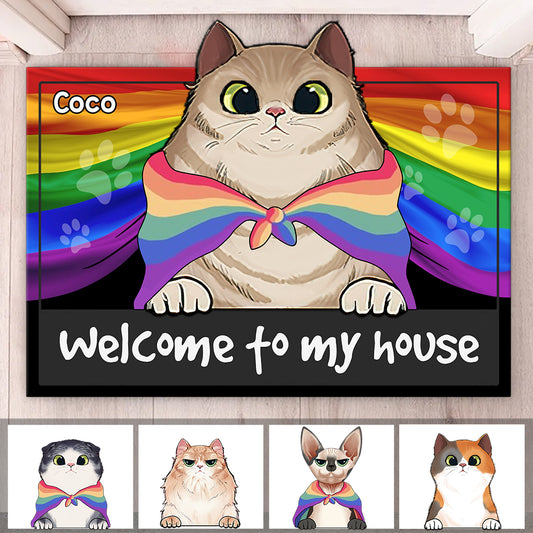 Pride Cat Welcome To My House - Personalized Cat Shaped Doormat