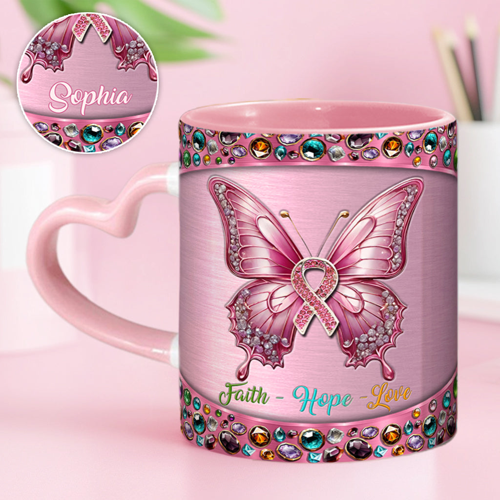 Foi, Espoir, Amour - Mug personnalisé avec anse en forme de cœur pour la sensibilisation au cancer du sein