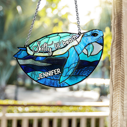 Salty Lil' Beach Blue Ocean Summer Vibes - Personalized Turtle Window Hanging Suncatcher Ornament