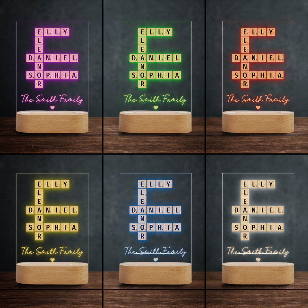 Plaque lumineuse personnalisée en forme de famille avec mots croisés - Socle lumineux