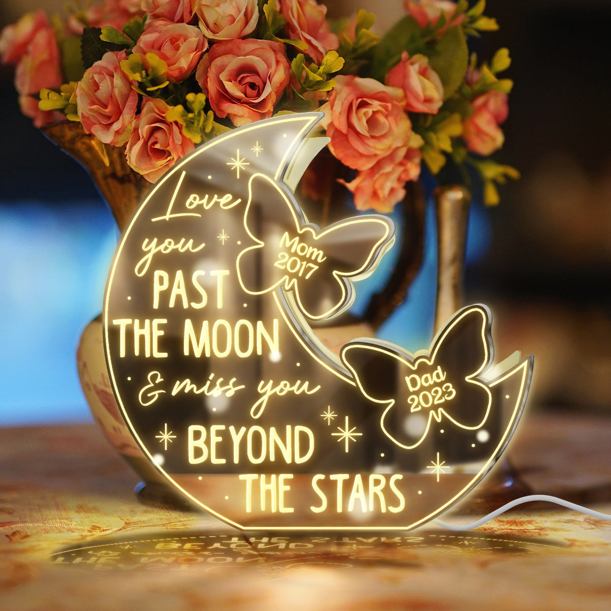 Love You Pass The Moon & Miss You Beyond The Star - Personalized Memorial Mirror Light