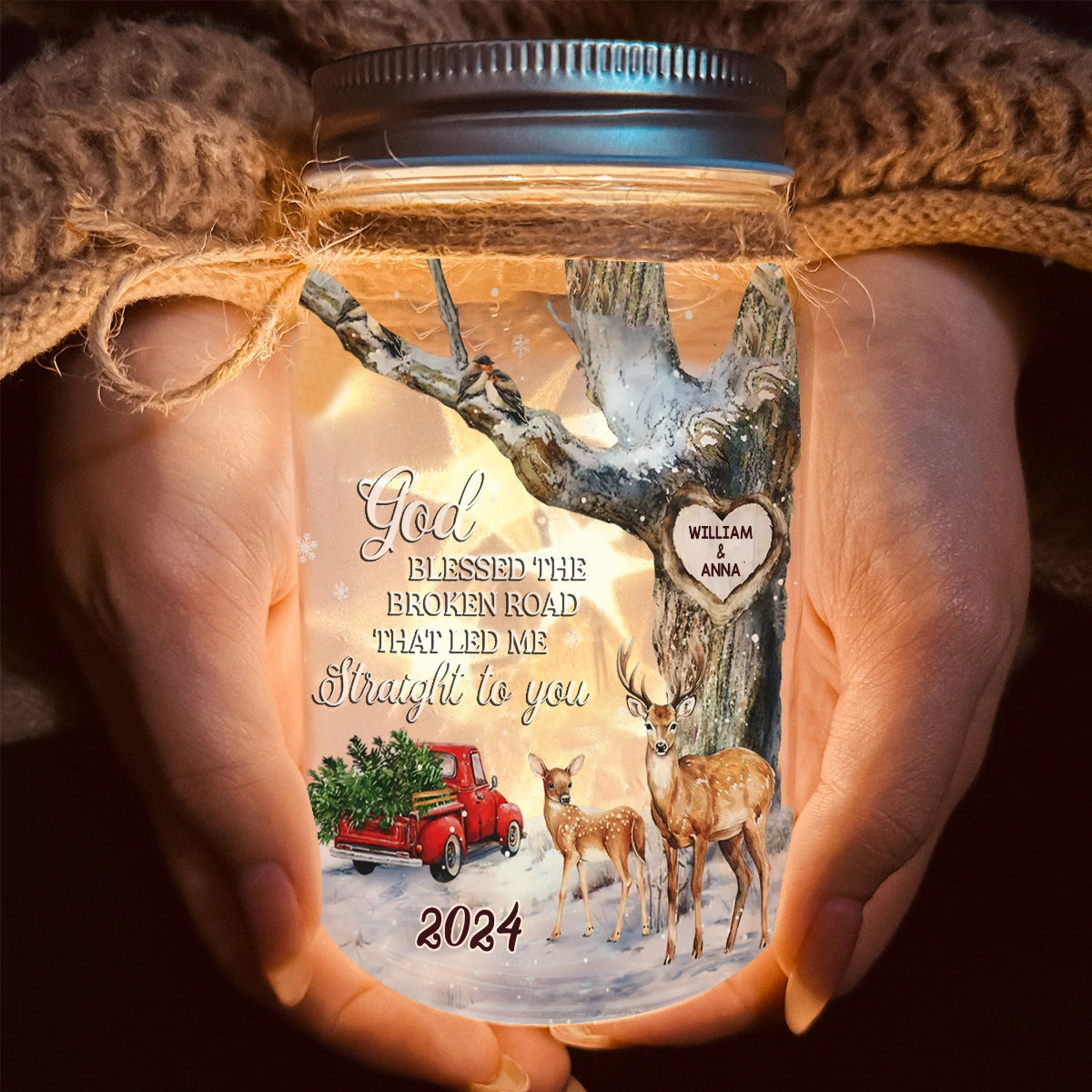 God Blessed The Broken Road - Personalized Couple Mason Jar Light