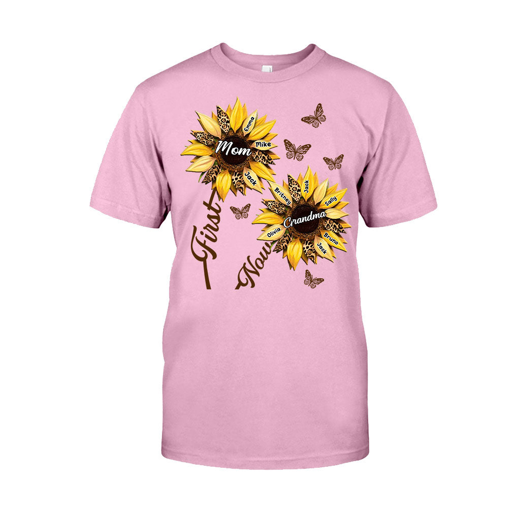 First Mom Now Grandma Sunflower - Personalized Grandma T-shirt And Hoodie