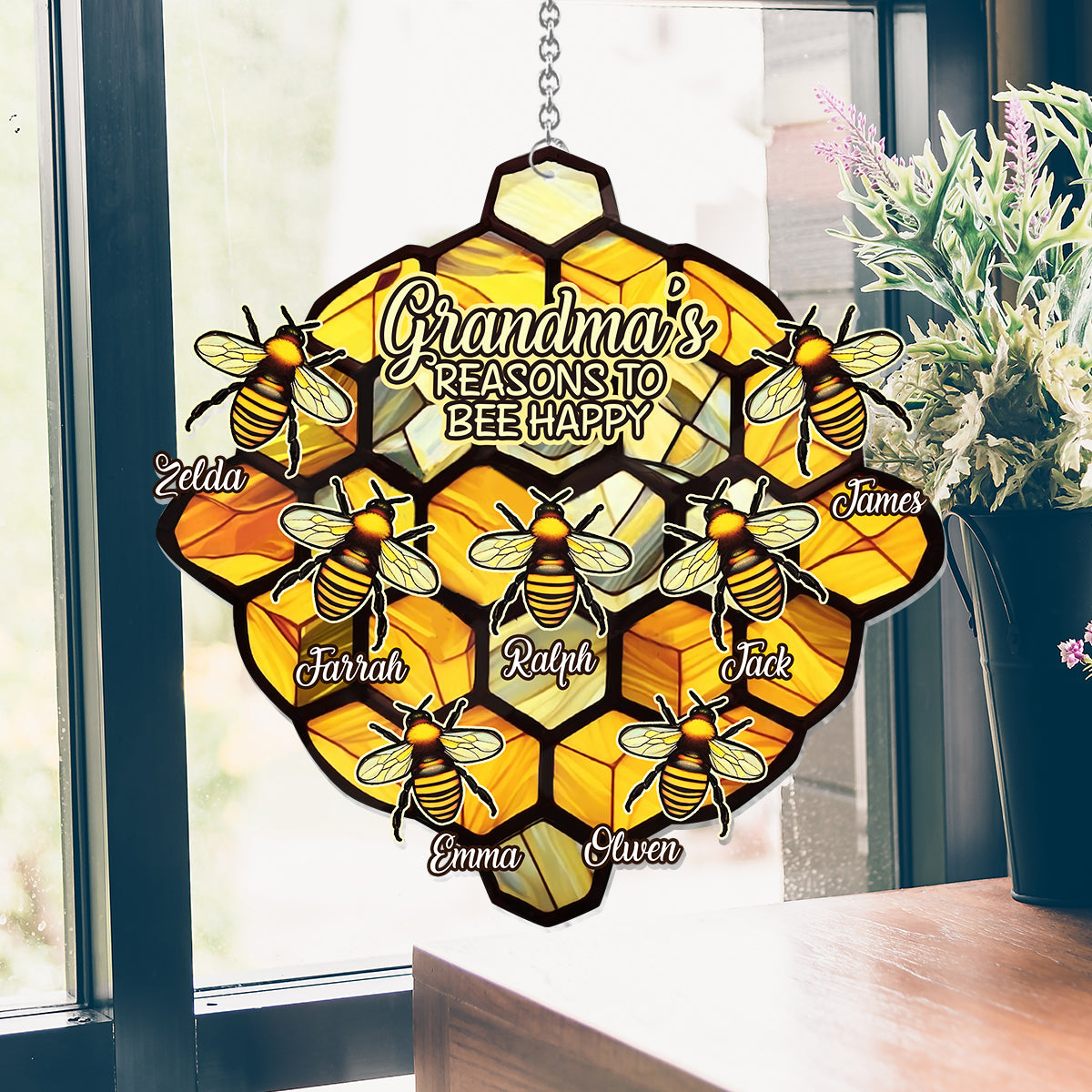 Grandma's Reasons To Be Happy - Personalized Grandma Window Hanging Suncatcher Ornament