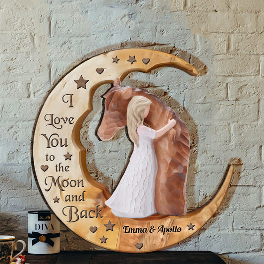 I Love You To The Moon - Personalized Horse Custom Shaped Wood Sign