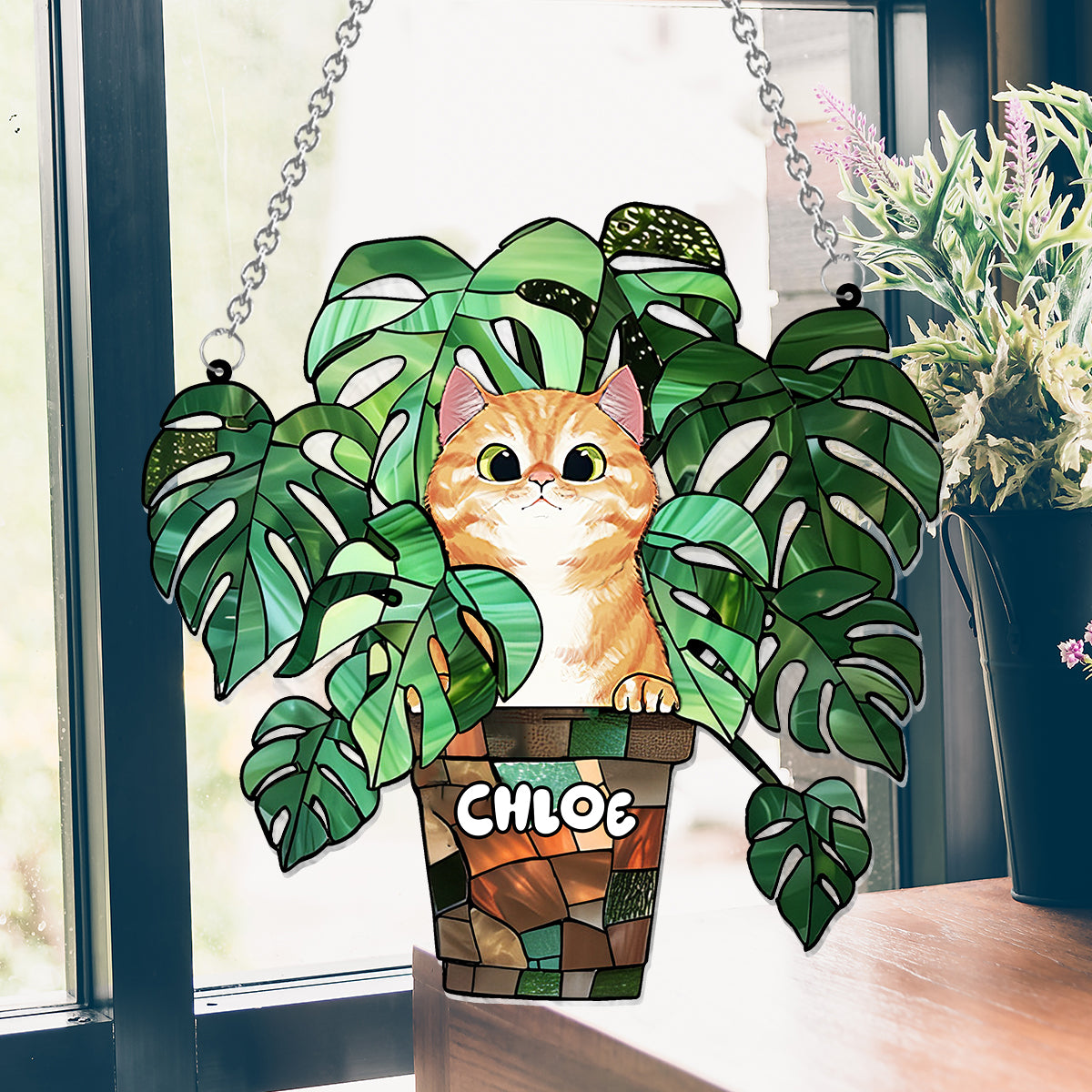 Chat qui regarde et Monstera - Attrape-soleil personnalisé à suspendre à la fenêtre avec motif chat 