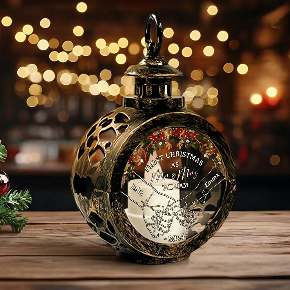 Holding Hands First Christmas - Personalized Couple Round Lantern With Light