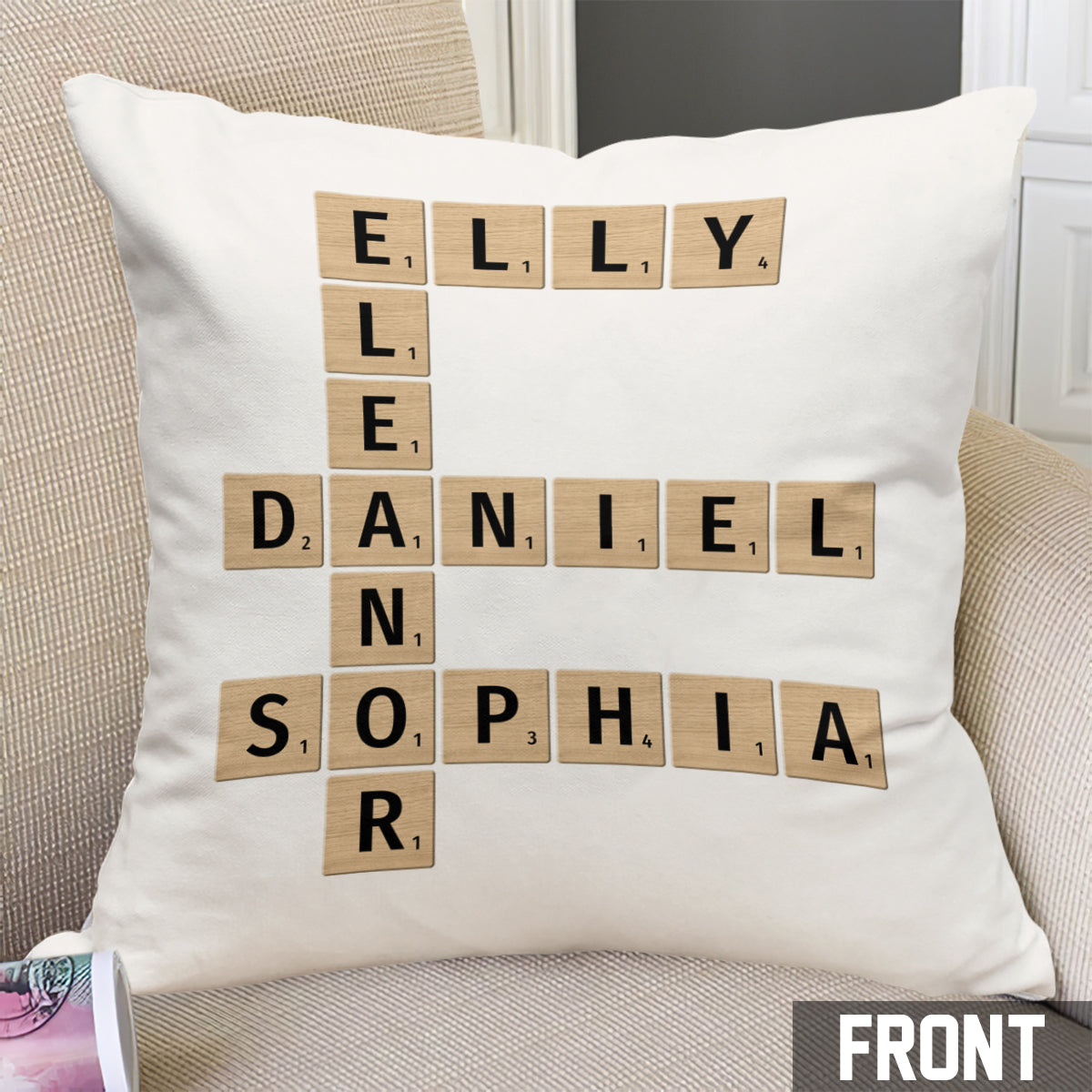 Coussin décoratif familial personnalisé avec mots croisés