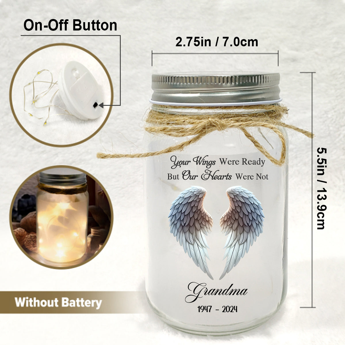 Beautiful Angle Wings - Personalized Memorial Mason Jar Light
