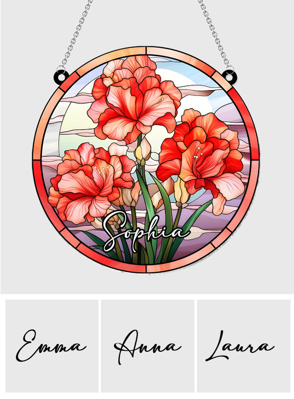 Fleurs de naissance en vitrail - Ornement attrape-soleil personnalisé à suspendre à la fenêtre, motif anniversaire. 