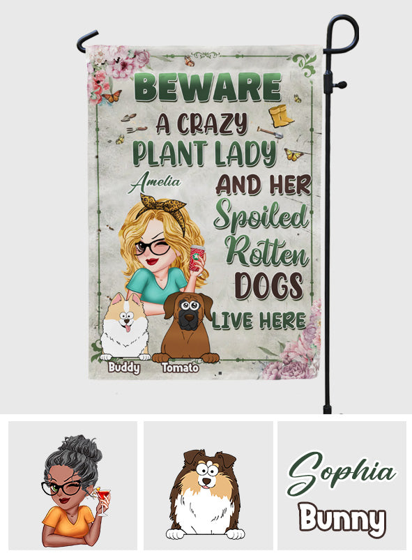La folle aux plantes et ses chiens - Drapeau de jardin personnalisé
