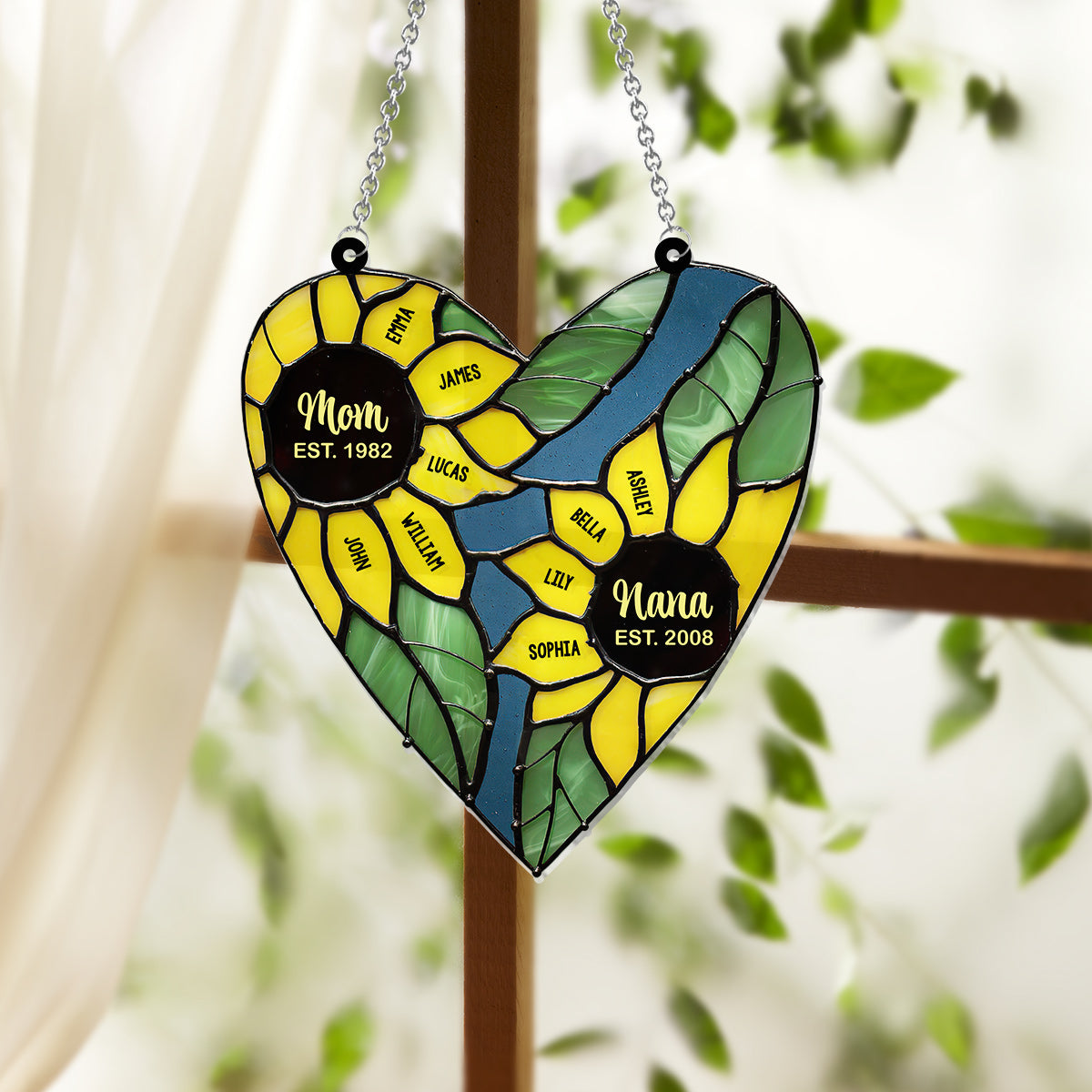 Mom Grandma Green Heart Sunflower - Personalized Grandma Window Hanging Suncatcher Ornament