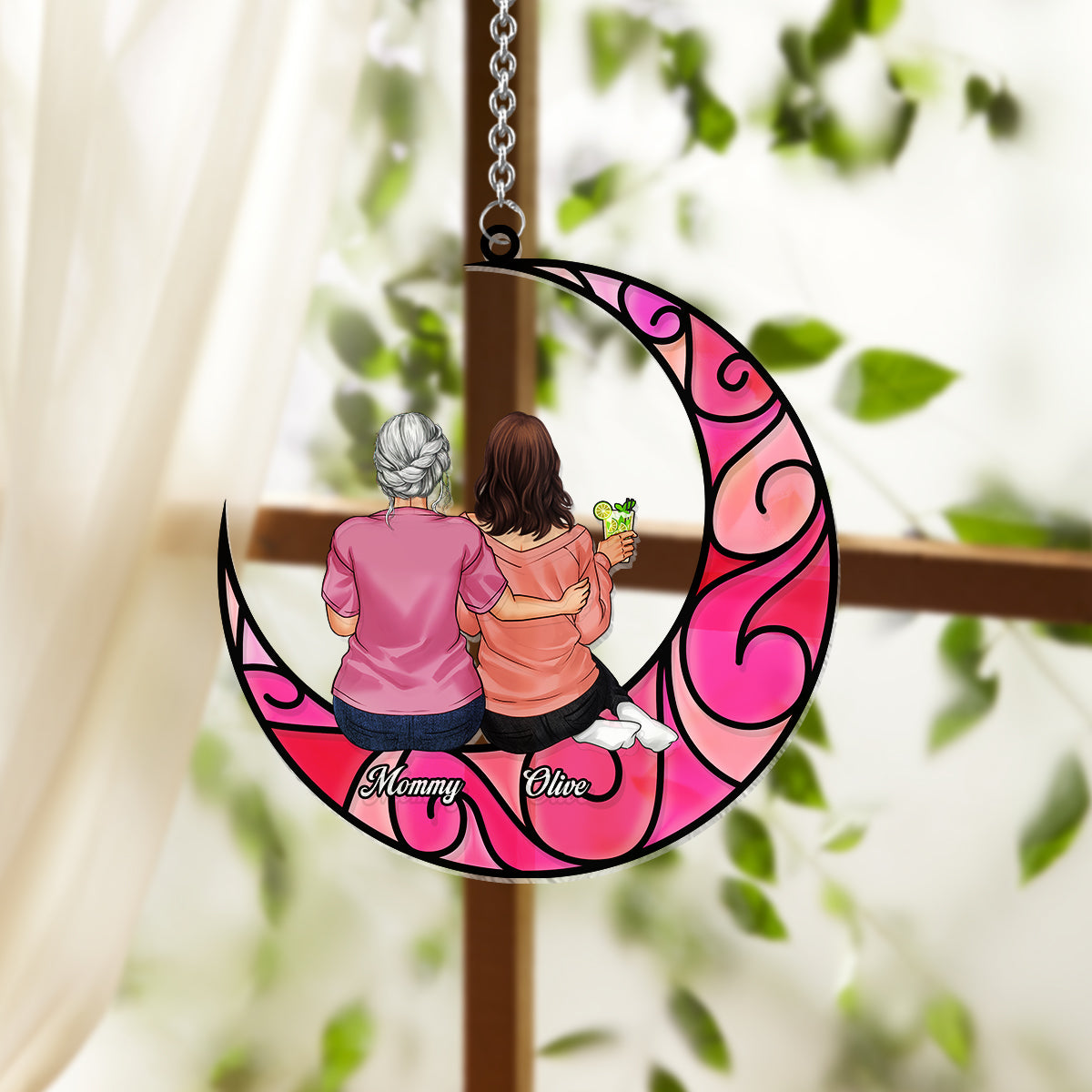 Mother And Children Sitting On The Moon - Personalized Mother Window Hanging Suncatcher Ornament