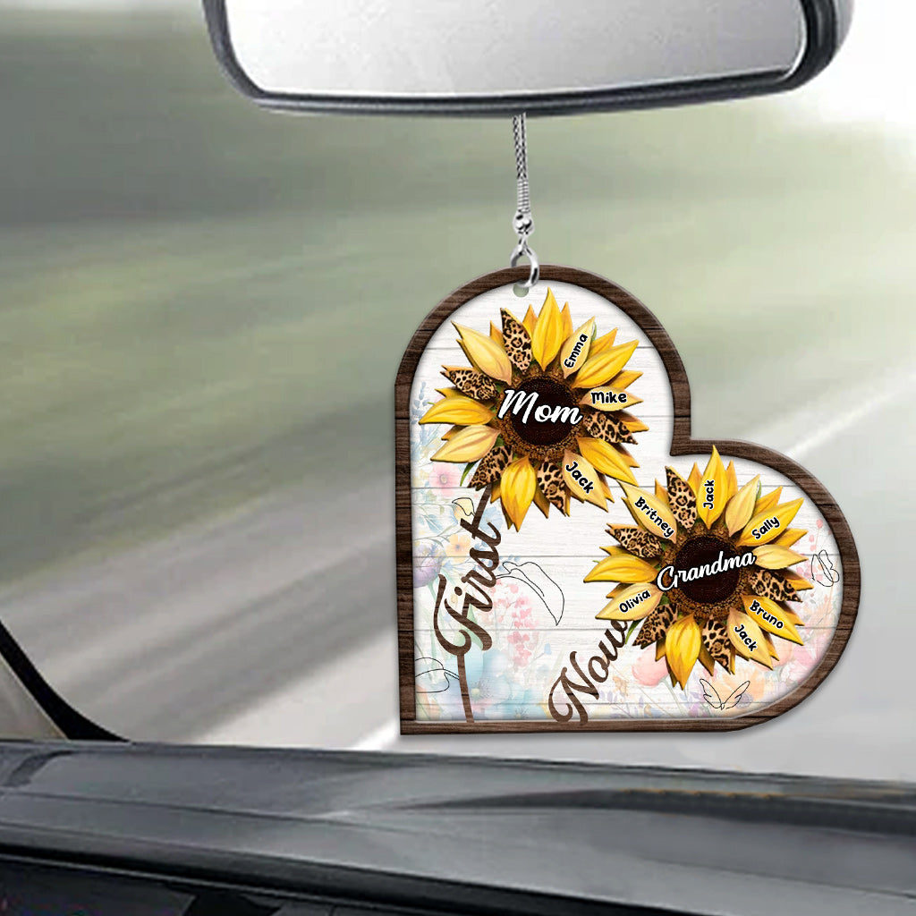First Mom Now Grandma Sunflower - Personalized Grandma Car Ornament