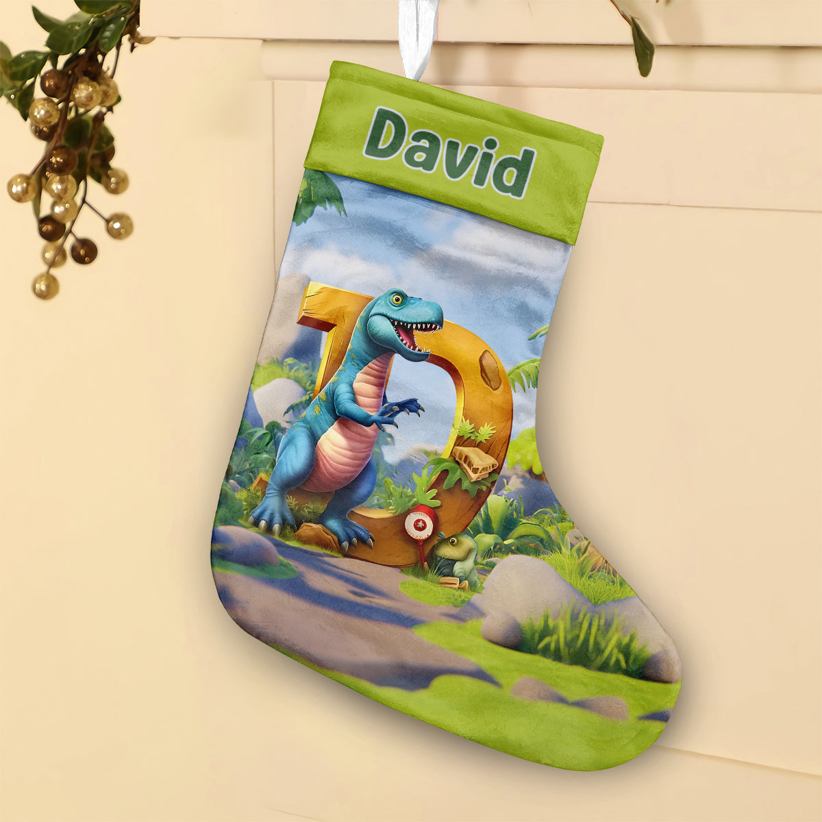 Alphabet des dinosaures - Chaussettes de Noël personnalisées pour enfants