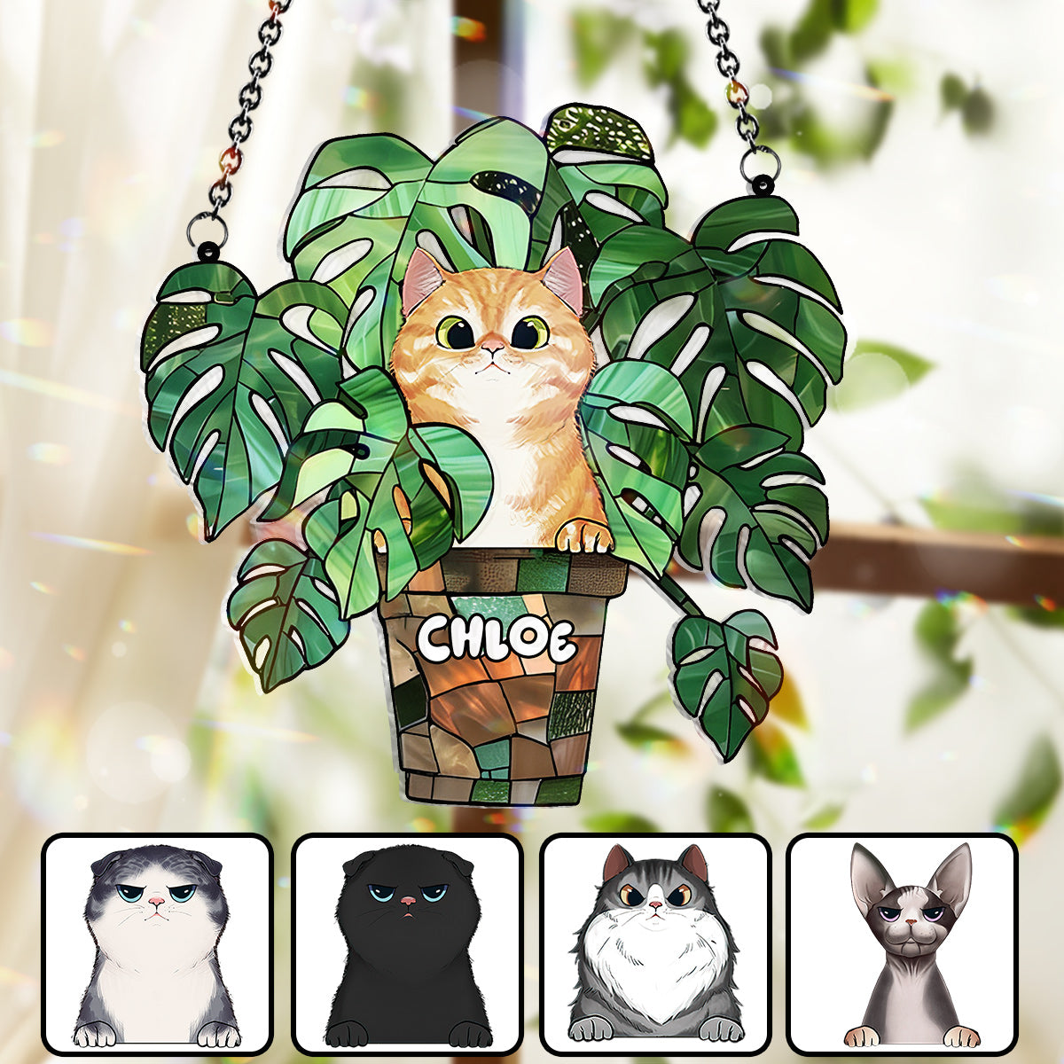 Chat qui regarde et Monstera - Attrape-soleil personnalisé à suspendre à la fenêtre avec motif chat 
