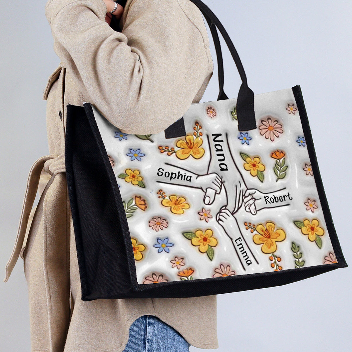 Holding Hands Grandma Mom Nana - Personalized Grandma Canvas Tote Bag