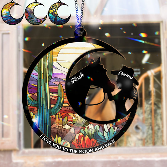 I Love You To The Moon Horse Girl Stained Glass - Personalized Horse 2 Layered Window Hanging Suncatcher