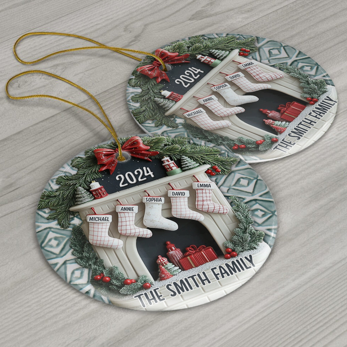 Kamin-Familiensocken – Personalisierter Keramikkreis als Familienornament