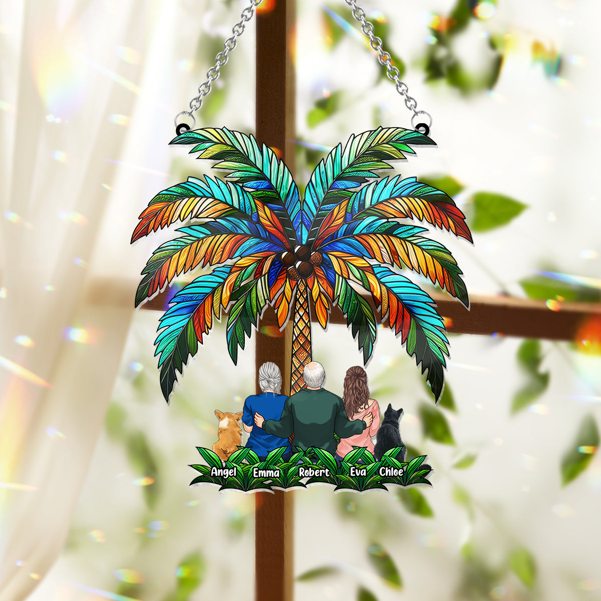 Famille sous le palmier - Décoration attrape-soleil personnalisée à suspendre à la fenêtre 