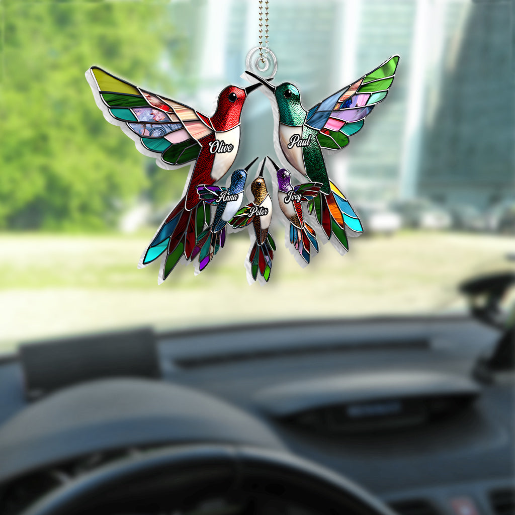 Familienmitglieder, Kolibris, wunderschöne Vögel – personalisierter, individuell geformter Autoanhänger für die Familie