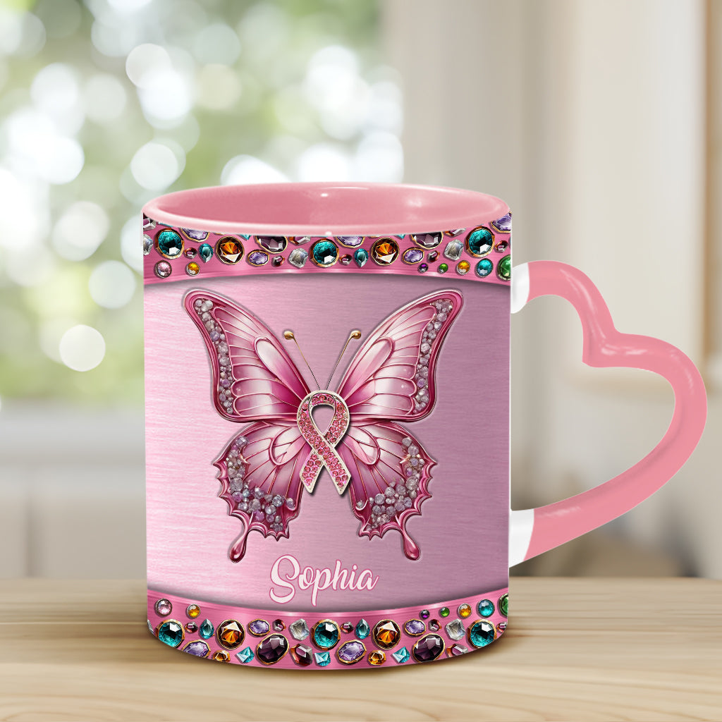 Foi, Espoir, Amour - Mug personnalisé avec anse en forme de cœur pour la sensibilisation au cancer du sein
