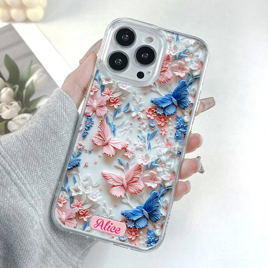 Coque de téléphone transparente personnalisée avec papillons roses et bleus