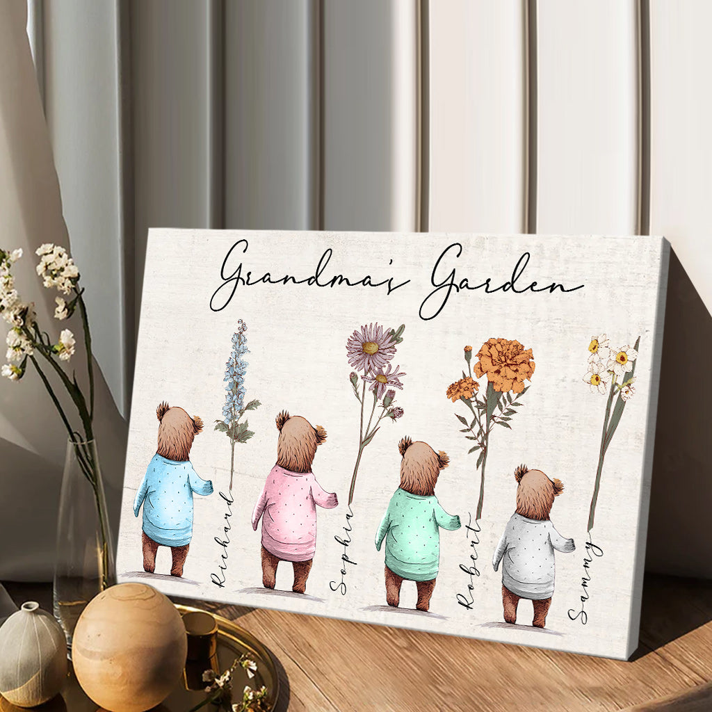 Grandma's Garden Baby Bears Birth Flowers - Personalized Grandma Canvas And Poster