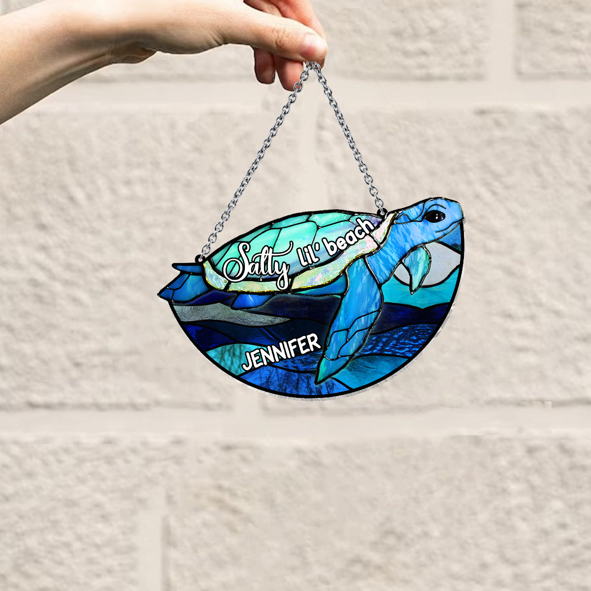 Salty Lil' Beach Blue Ocean Summer Vibes - Personalized Turtle Window Hanging Suncatcher Ornament