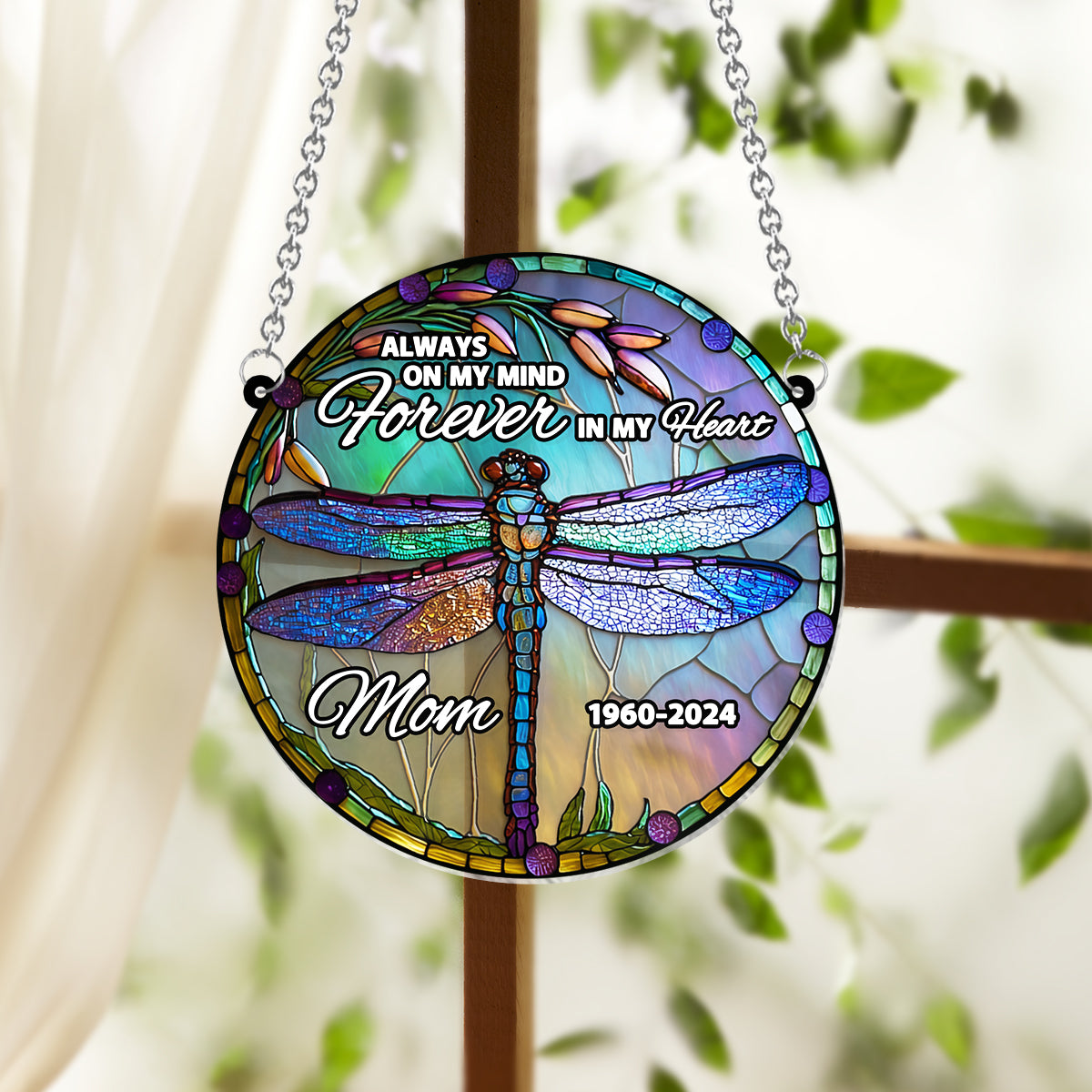 Always On My Mind Forever In My Heart - Personalized Memorial Window Hanging Suncatcher Ornament