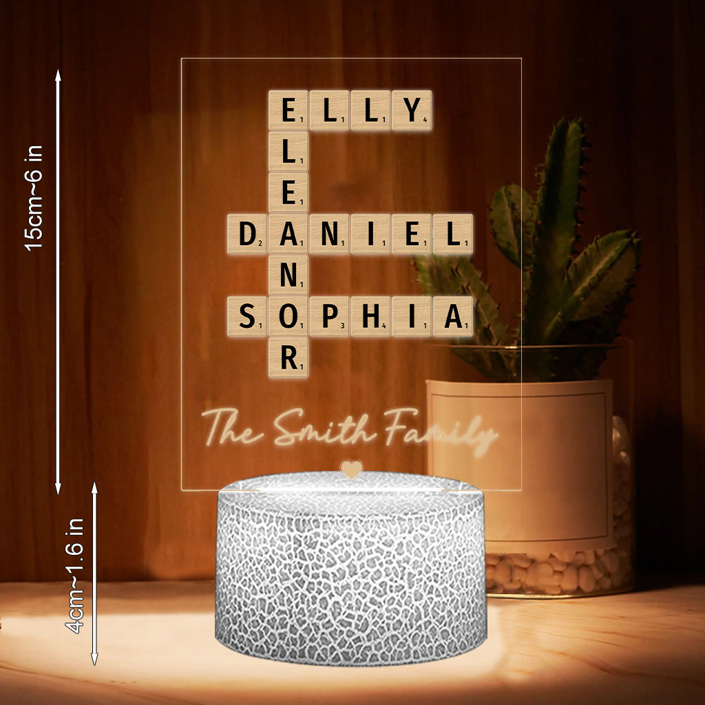 Plaque lumineuse personnalisée en forme de famille avec mots croisés - Socle lumineux