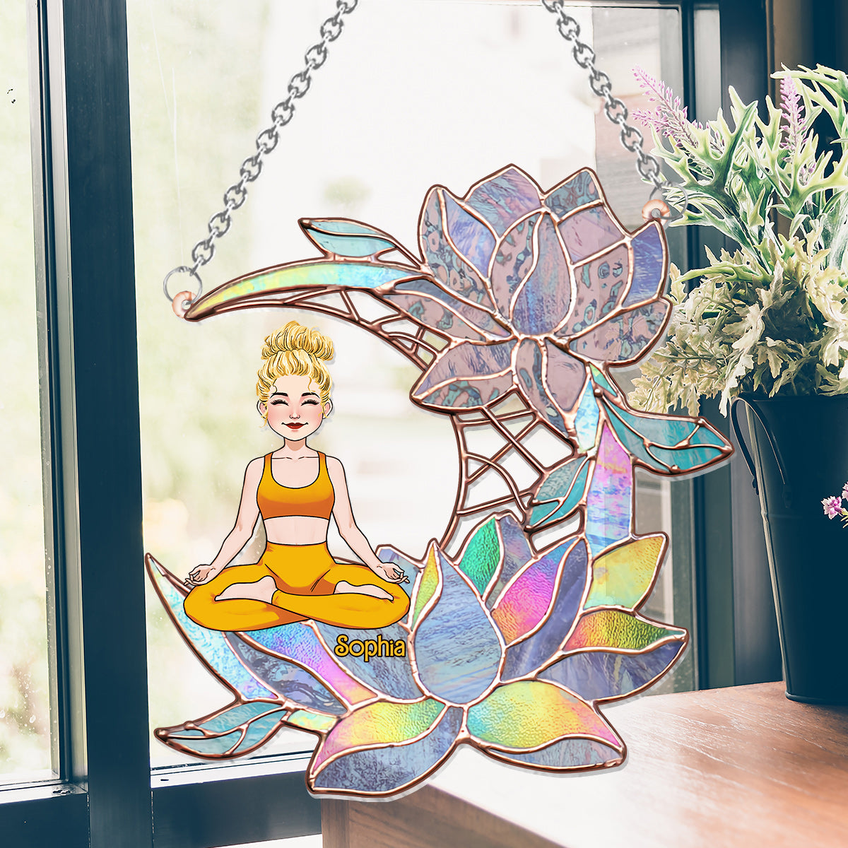 Attrape-soleil personnalisé à suspendre à une fenêtre, motif « Yoga Girl On Lotus Moon » 