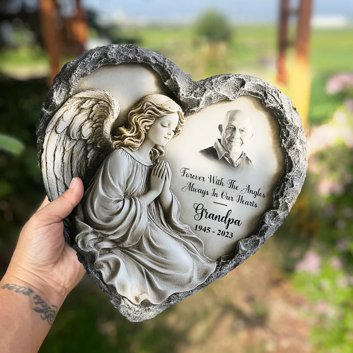 Forever With The Angles, Always In Our Hearts - Personalized Memorial Heart Shaped Stone