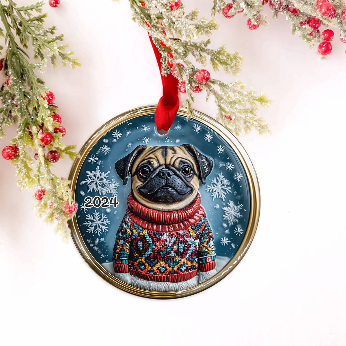 Joyeux Noël - Ornement rond en céramique personnalisé pour chien