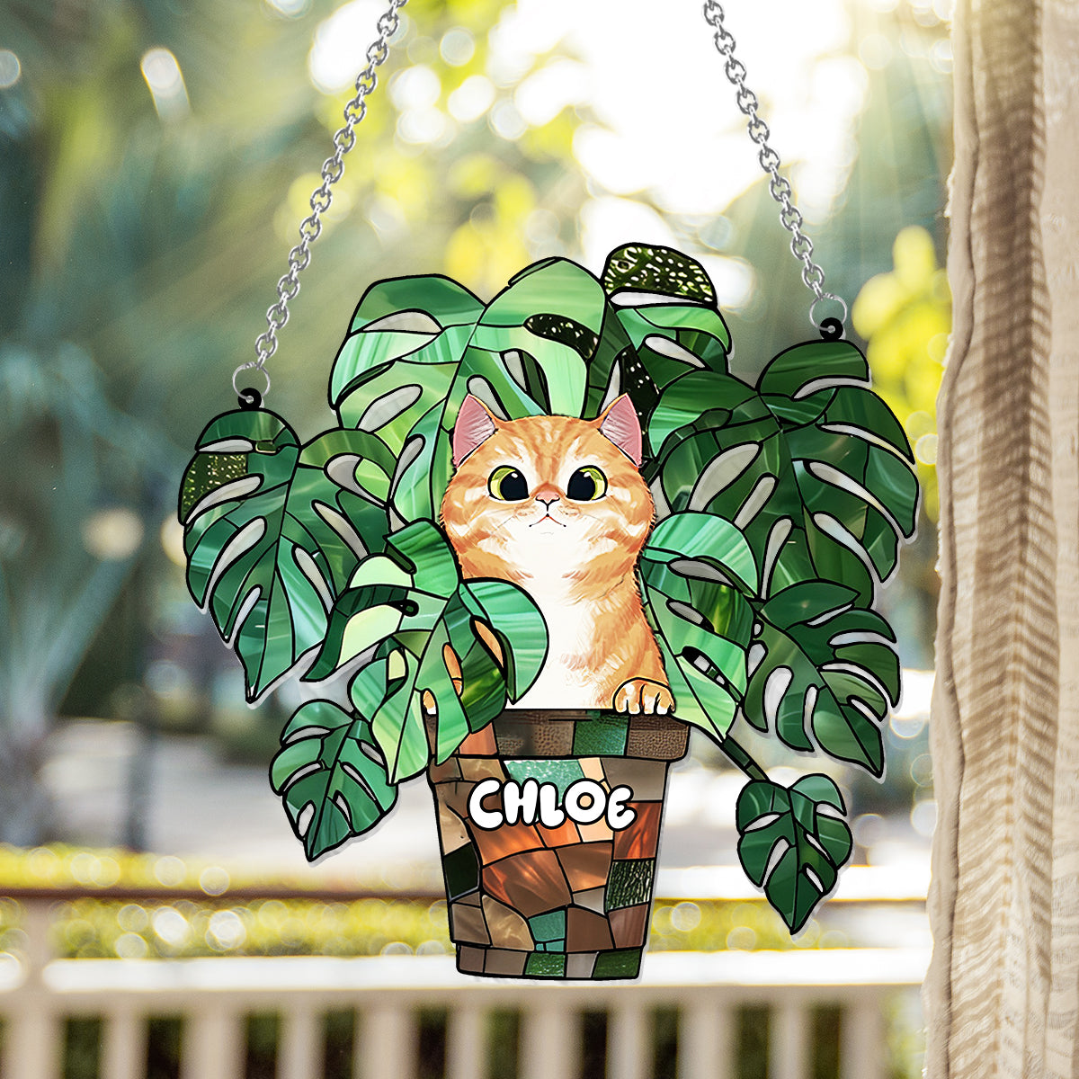 Chat qui regarde et Monstera - Attrape-soleil personnalisé à suspendre à la fenêtre avec motif chat 