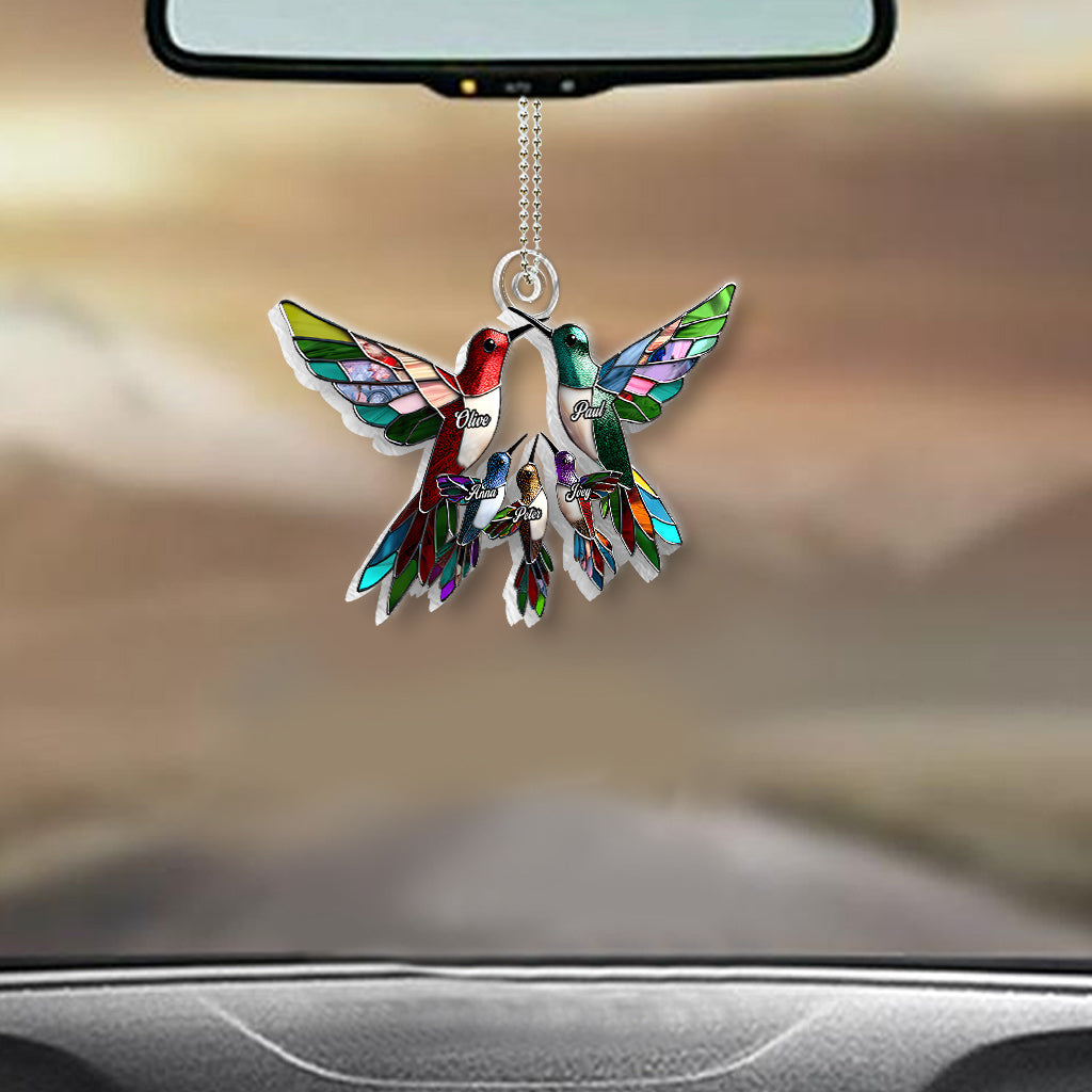 Familienmitglieder, Kolibris, wunderschöne Vögel – personalisierter, individuell geformter Autoanhänger für die Familie