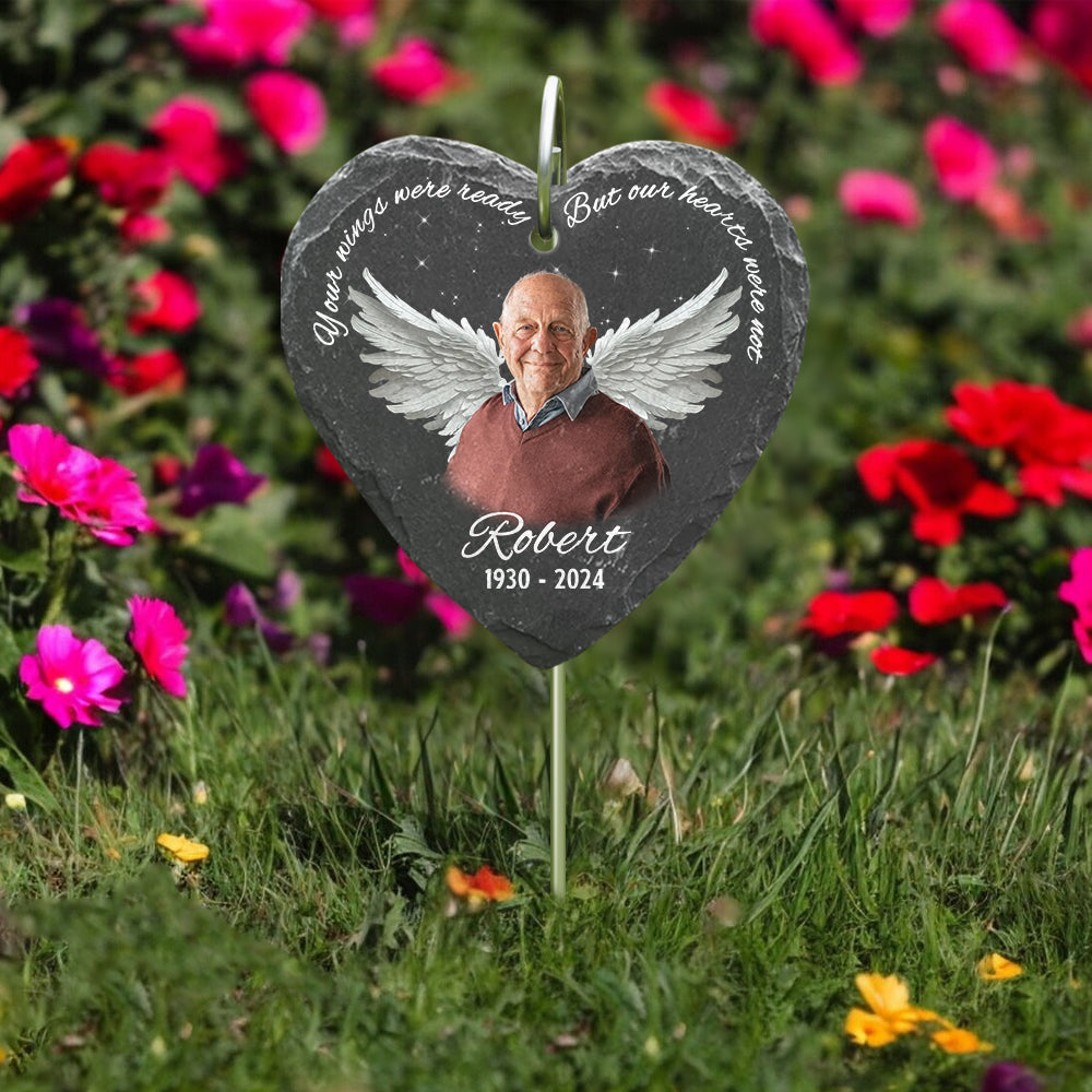 Your wings were ready but our hearts were not - Personalized Memorial Heart Hanging Garden Slate