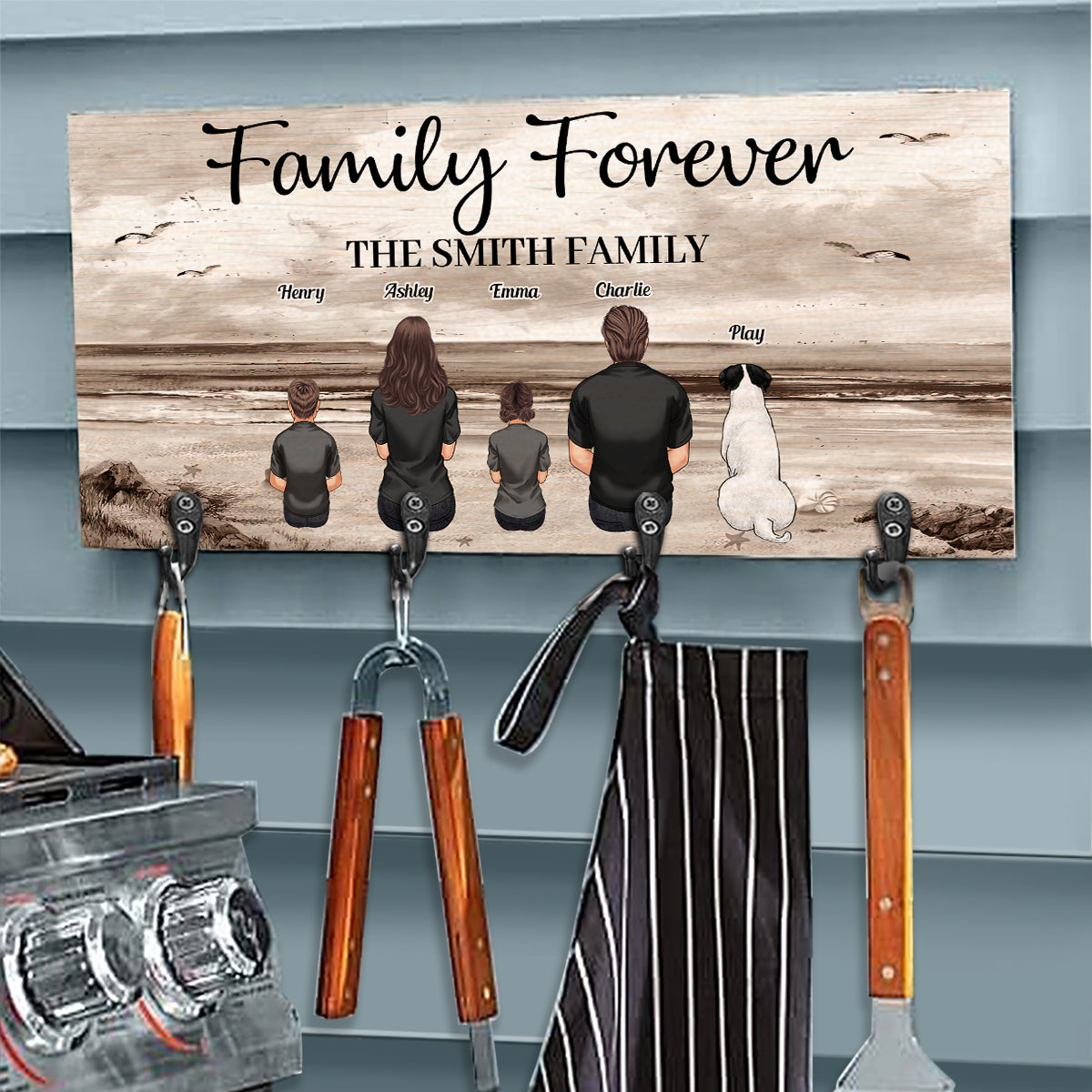 Porte-clés familial personnalisé « Family Forever Beach Landscape Vintage Version »